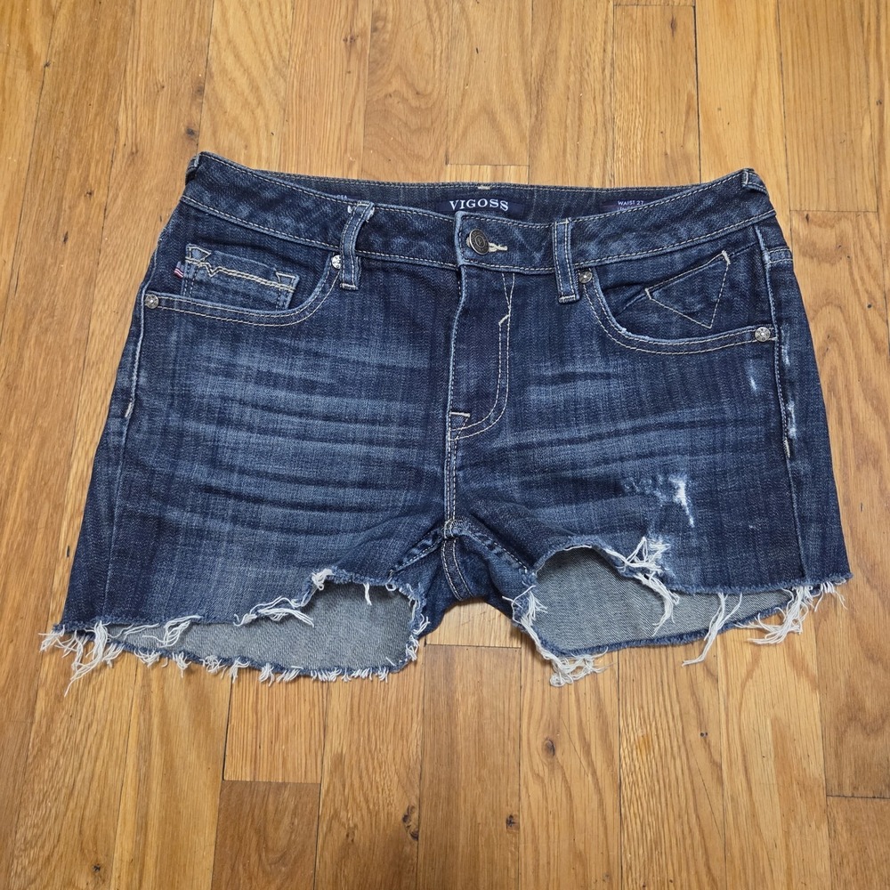 Vigoss Chelsea Super Skinny Distressed Denim Shorts Dark Wash Frayed Raw Hem